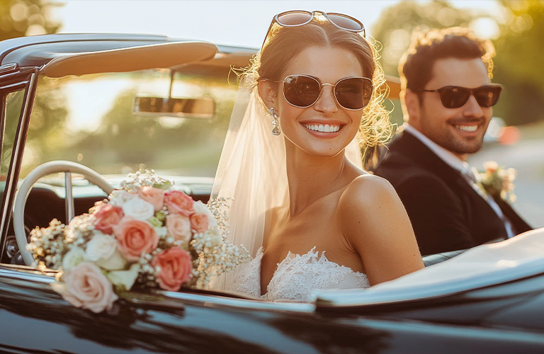 Bride and groom sitting in a convertible car, smiling with sunglasses on.