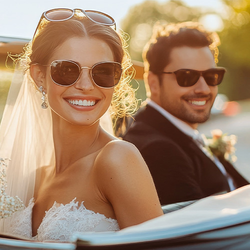 Bride and groom wearing sunglasses smiling and sitting in a convertible car.